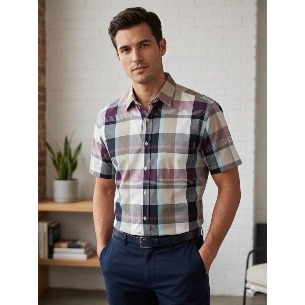 Christian Dior Men’s Short Sleeve Button Up Shirt Plaid Preppy Multicolor-M